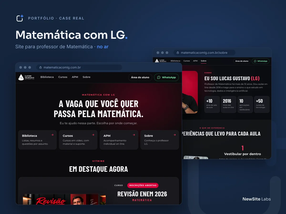 Telas do site Matemática com LG: página inicial e página Sobre
